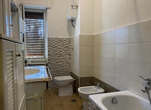 Hair dryer, bidet, towels, soap