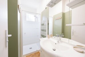 Shower, hair dryer, towels