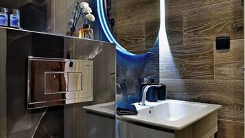 Hair dryer, towels, soap, toilet paper