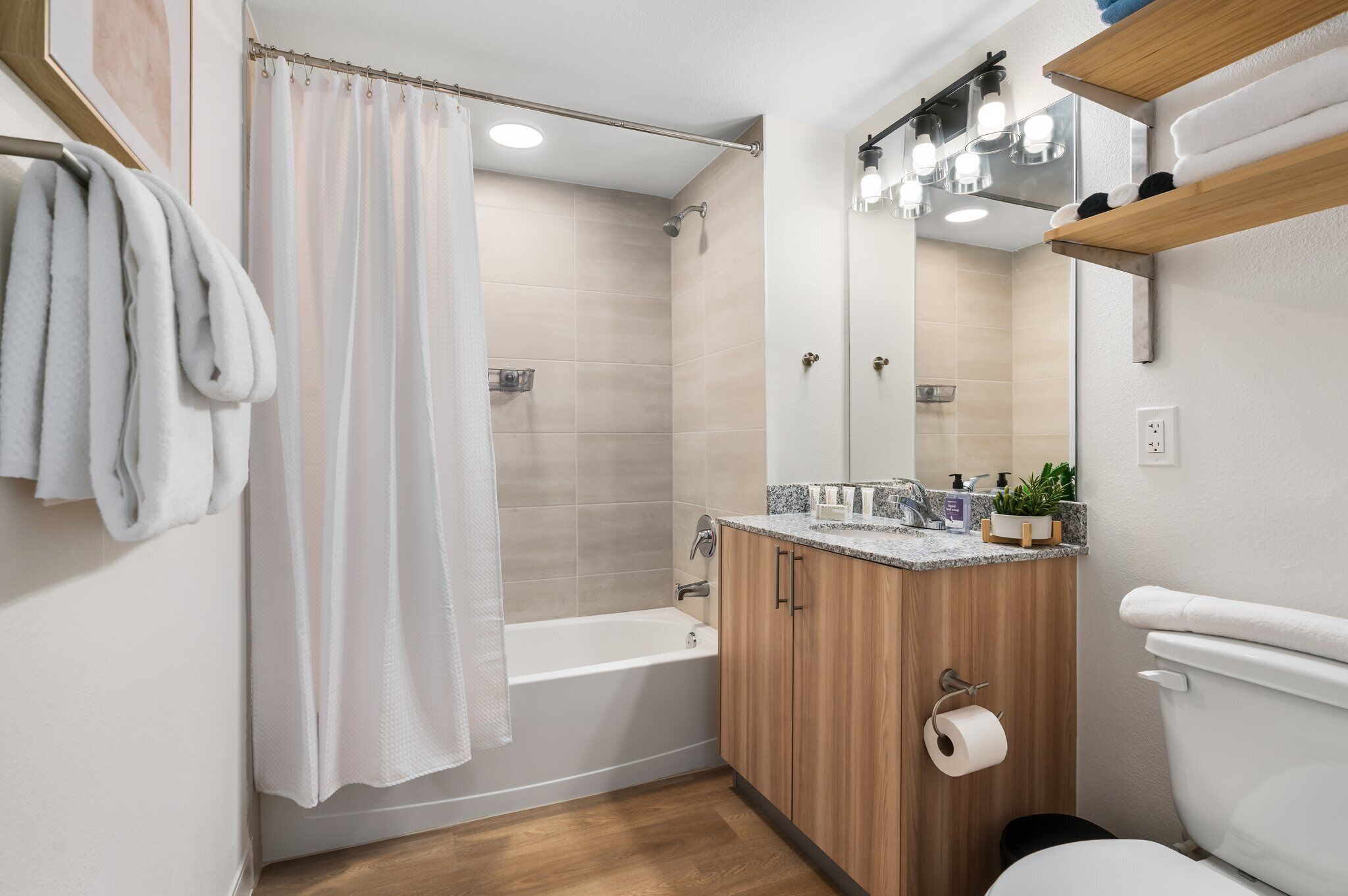 A modern bathroom with a shower, bathtub, wooden vanity, and a toilet.