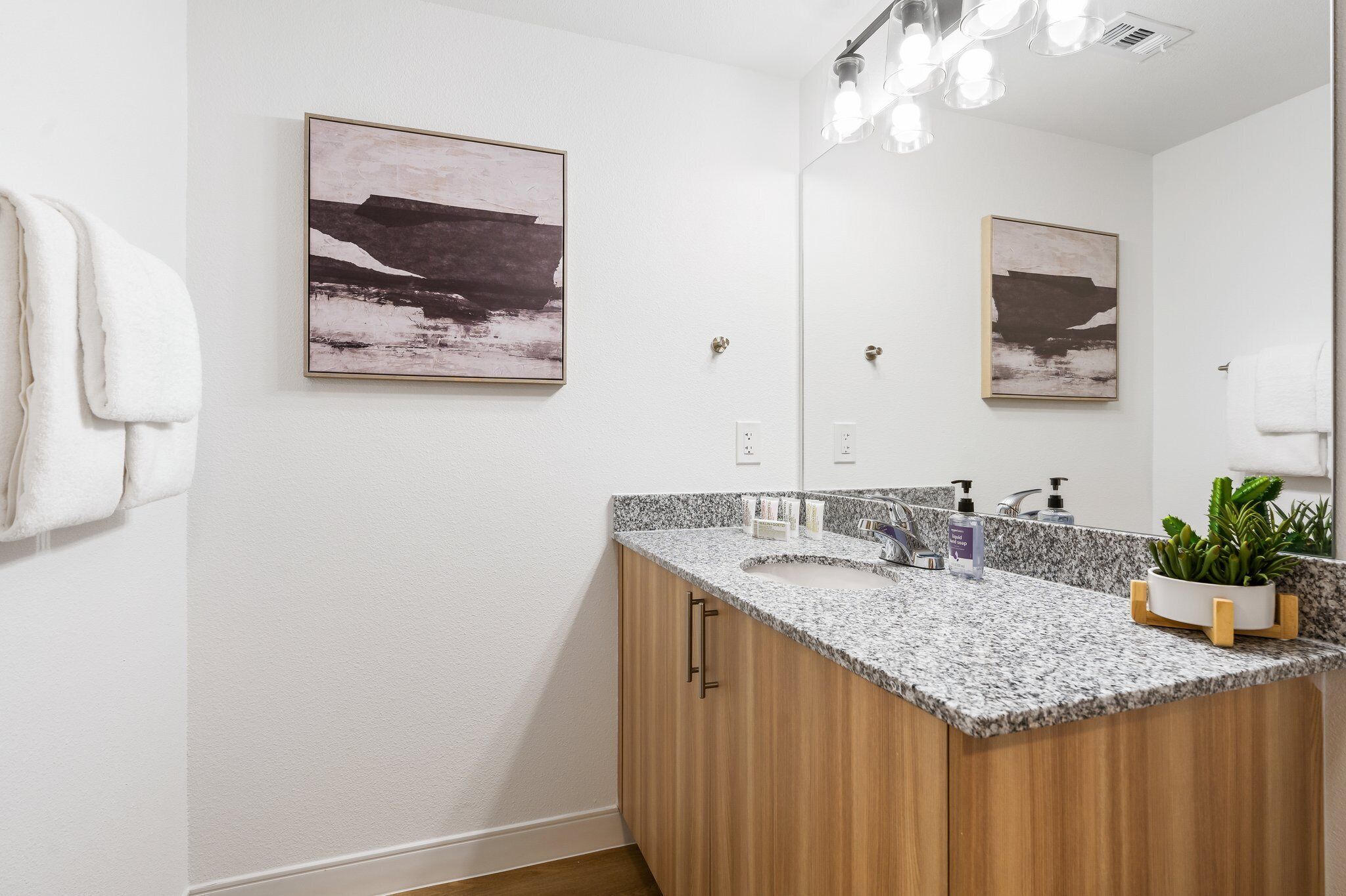 A modern bathroom with a granite countertop, wooden cabinets, a large mirror, and two wall-mounted artwork depicting abstract landscapes.