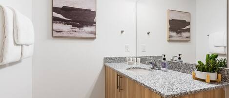 A modern bathroom with a granite countertop, wooden cabinets, a large mirror, and two wall-mounted artwork depicting abstract landscapes.
