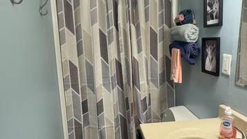 Shower, towels, toilet paper