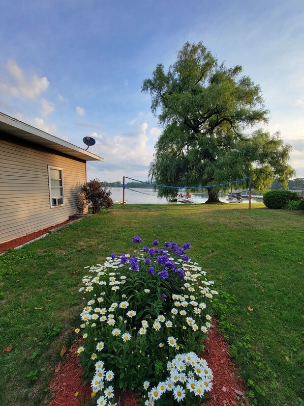 A house with a satellite dish, a lawn with flowers, and a large tree. - Sunny Dock Rentals LLC- Barefoot Beach Bungalow (Coral)