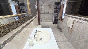 Hair dryer, towels, soap, toilet paper