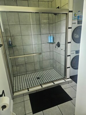 Shower, hair dryer, towels