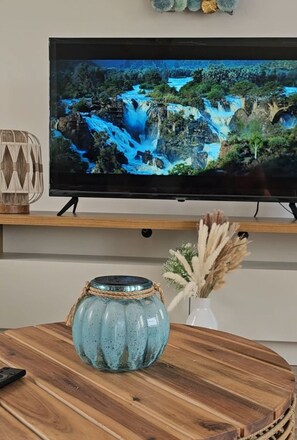 A television on a wooden shelf displaying a waterfall scene, a rustic vase with dried plants, and a remote control on a wooden table. - Charming 3-bedroom villa with WiFi, AC in terrific Punta Cana (Punta Cana)