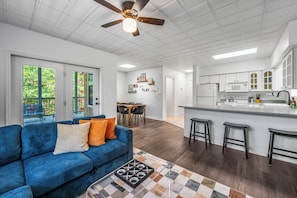 Smart TV, fireplace, books, video library