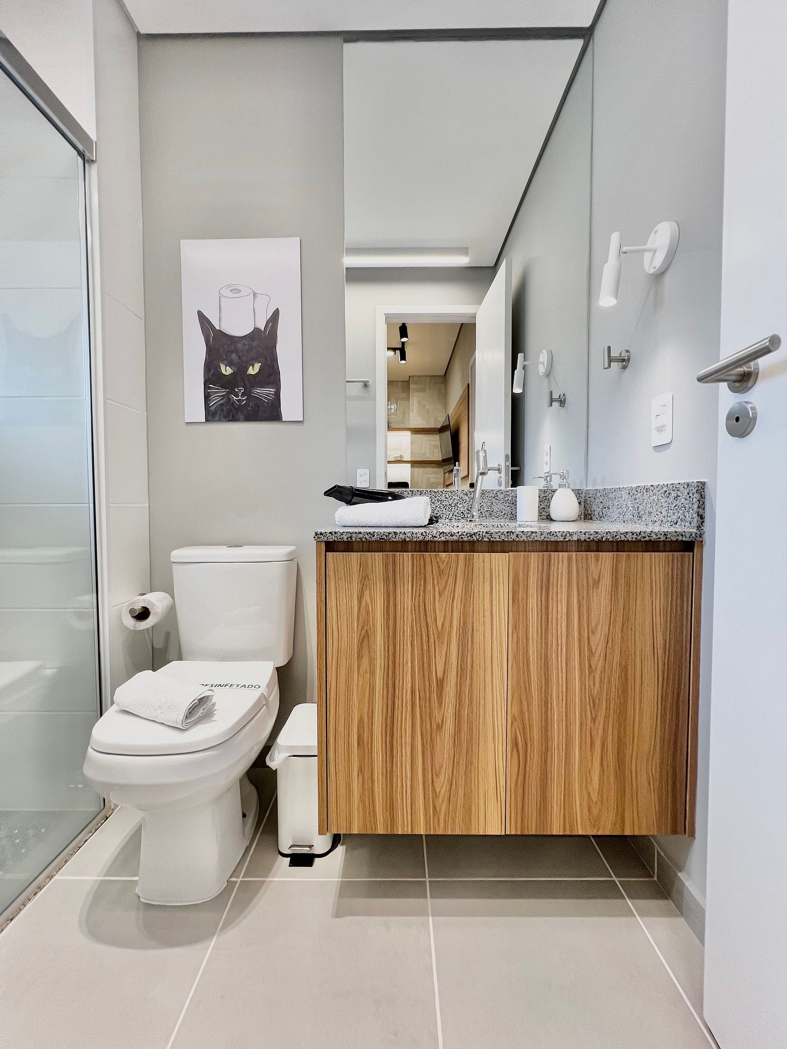 A modern bathroom with a toilet, sink, and mirror.
