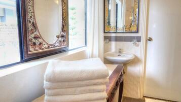 Shower, hair dryer, bidet, towels