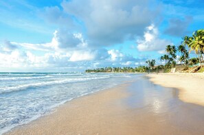 Beach nearby, white sand, beach umbrellas