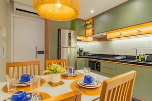 Apartment | Private kitchen | Full-size fridge, microwave, stovetop, blender