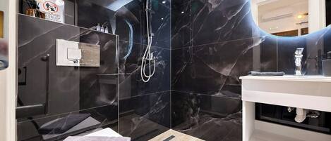 Hair dryer, towels, toilet paper