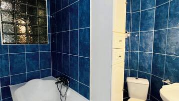 Secadora de cabello, toallas, jabón, papel de baño