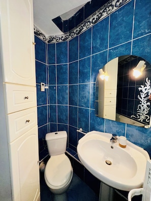Hair dryer, towels, soap, toilet paper