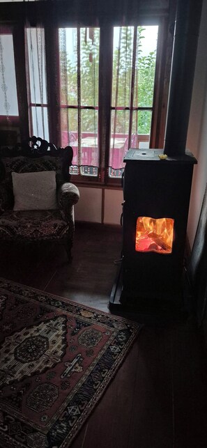 A room with a traditional fireplace, a patterned rug, and a window with curtains.