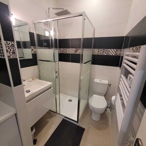 Séchoir à cheveux, serviettes fournies, savon, papier de toilette