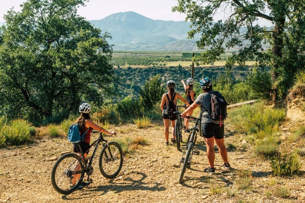 Een groep mensen met fietsen op een onverhard pad, omgeven door bomen en een bergachtig landschap.