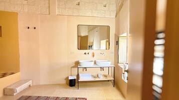 Une salle de bain moderne avec deux lavabos, un grand miroir et une petite poubelle.