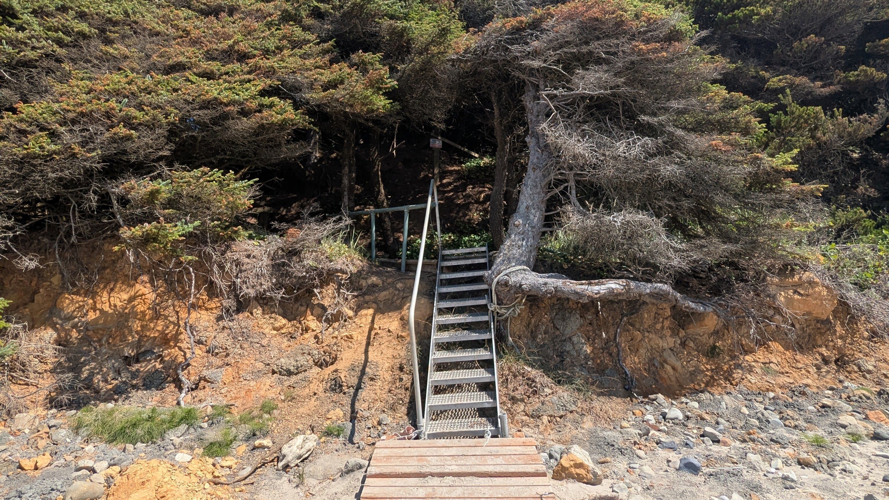 A wooden staircase leading up a rocky hillside with sparse vegetation.