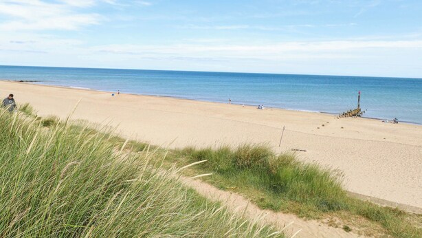 Une plage avec un ciel dégagé, un rivage sablonneux et quelques touffes d’herbe au premier plan.