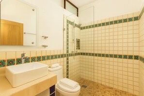 Combined shower/tub, towels, soap, shampoo