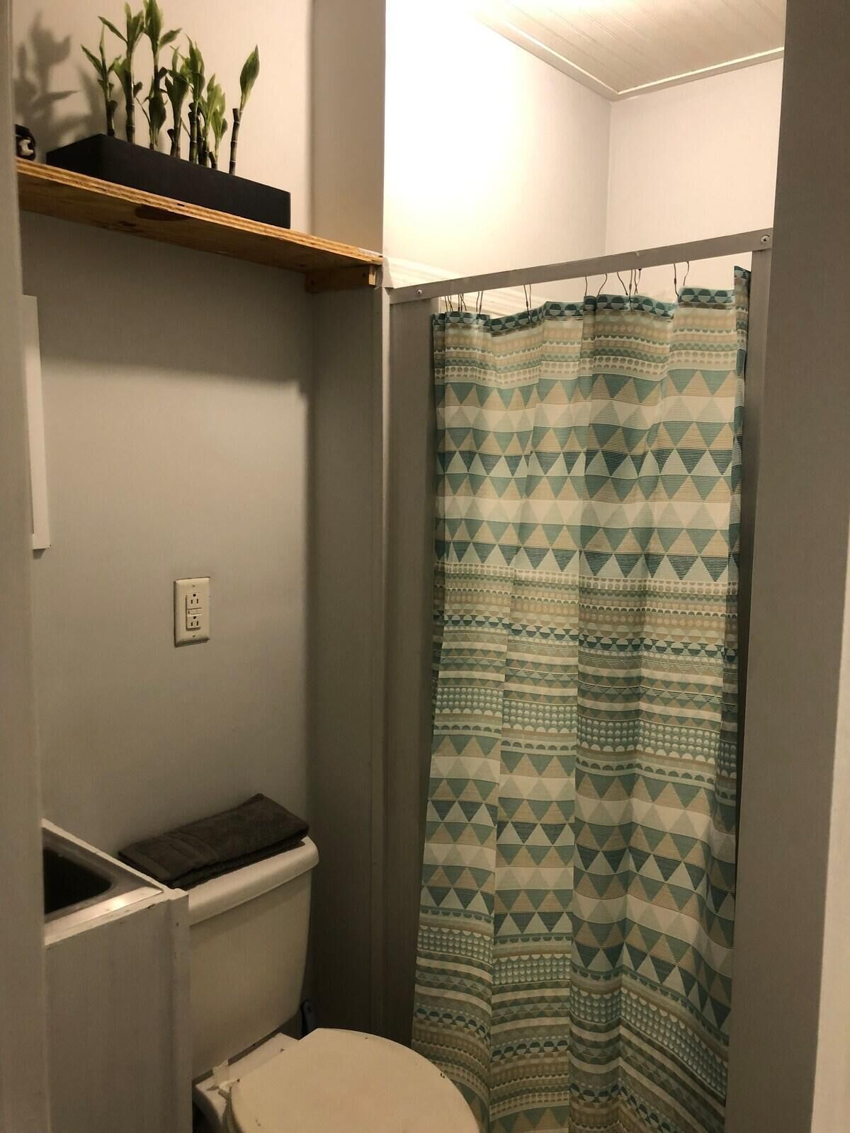 Un baño pequeño con inodoro, una repisa con plantas y cortina de ducha de estampado geométrico.