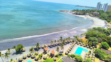 On the beach, sun loungers