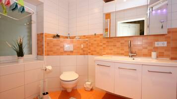 Hair dryer, towels, soap, toilet paper