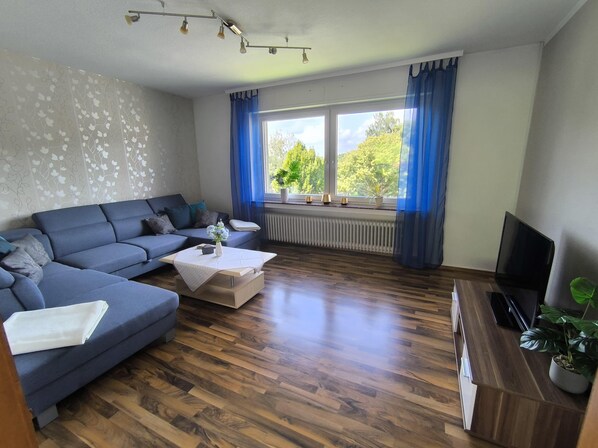 TV, fireplace, books, stereo