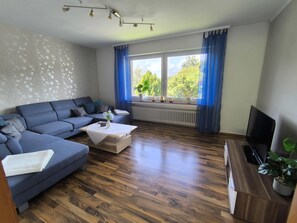 TV, fireplace, books, stereo
