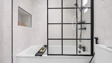 Shower, hair dryer, bidet, towels