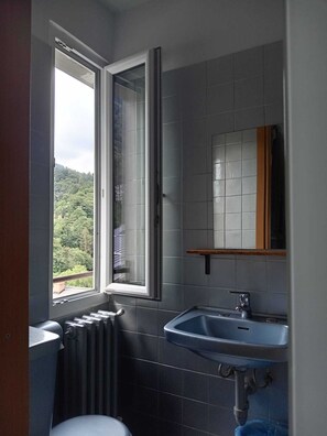 Quarto básico, vista para a cidade | Banheiro | Sabonete, shampoo, papel higiênico 