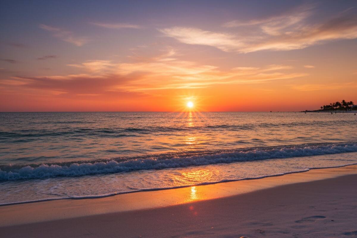 A beach with the sun setting over the ocean, creating a calm and serene atmosphere.