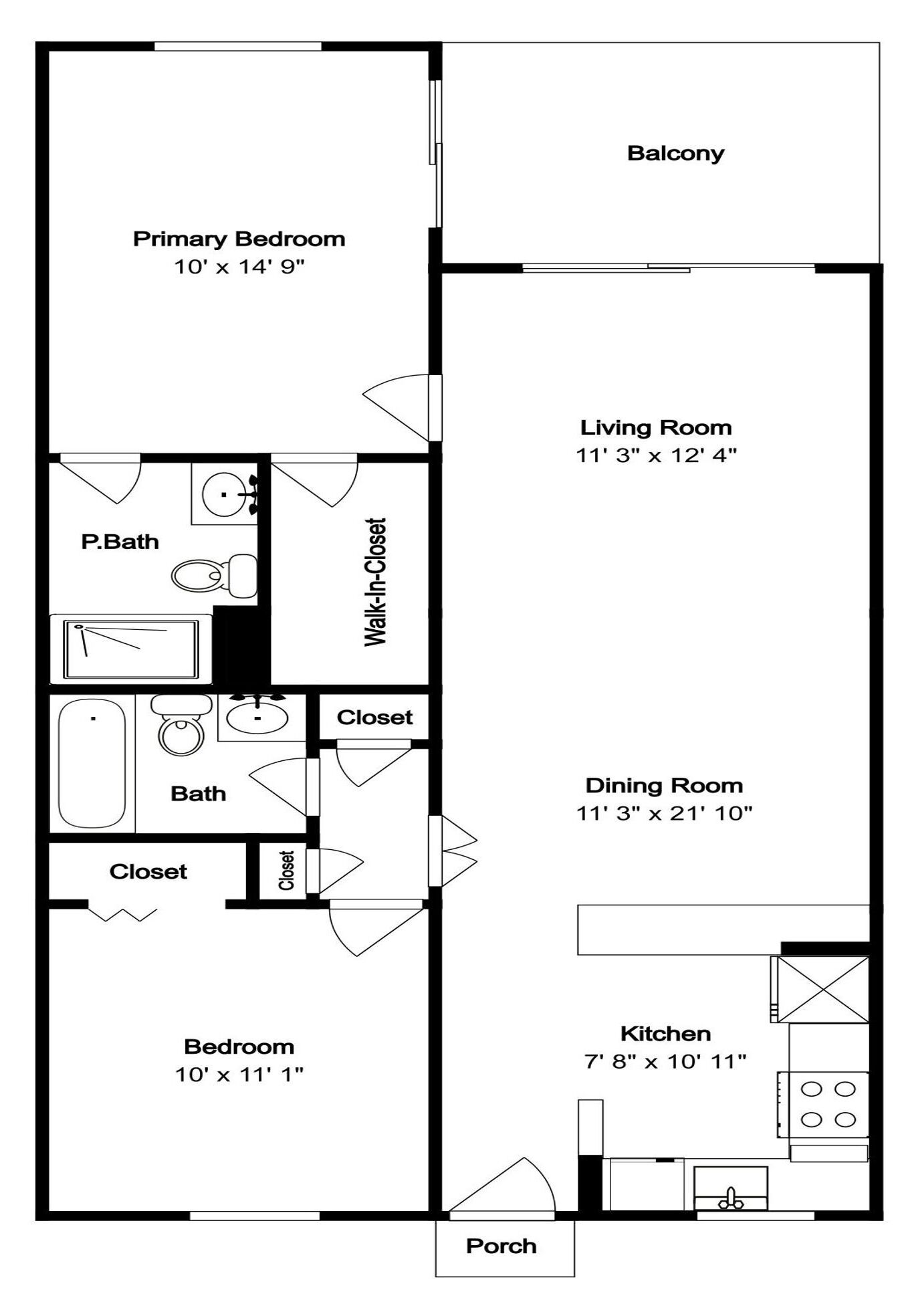 Un plan d’étage comprenant une chambre principale, un salon, une salle à manger, une cuisine, une salle de bain et un balcon.
