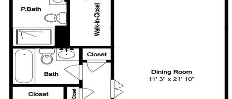 Un plan d’étage comprenant une chambre principale, un salon, une salle à manger, une cuisine, une salle de bain et un balcon.