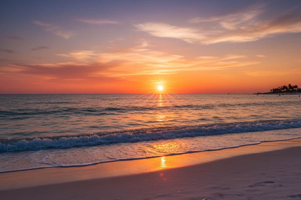 A beach with the sun setting over the ocean, creating a calm and serene atmosphere.