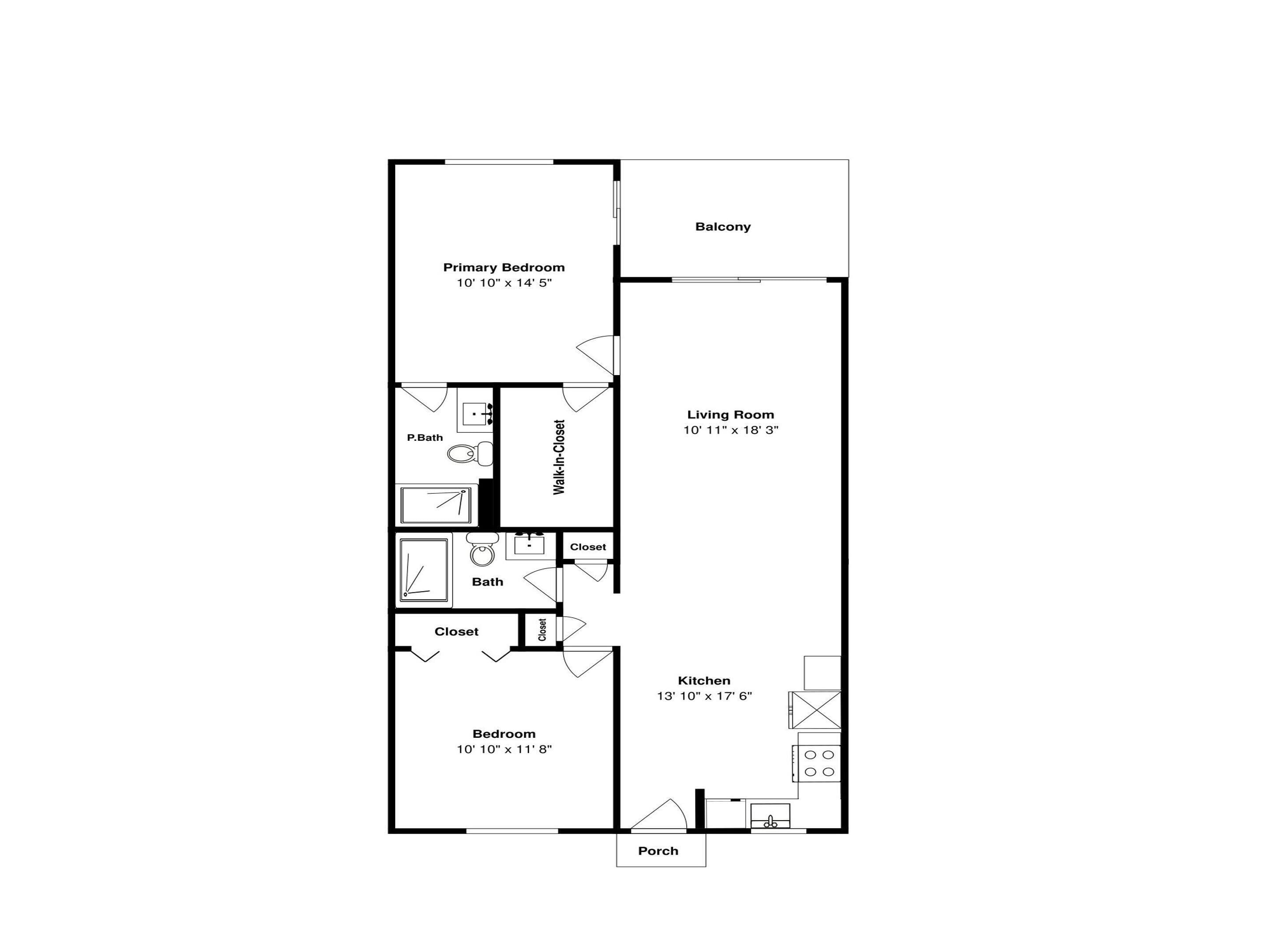 Plan d’étage d’une chambre d’hôtel avec balcon, chambre principale, dressing, salle de bain, chambre, salon, cuisine et véranda.