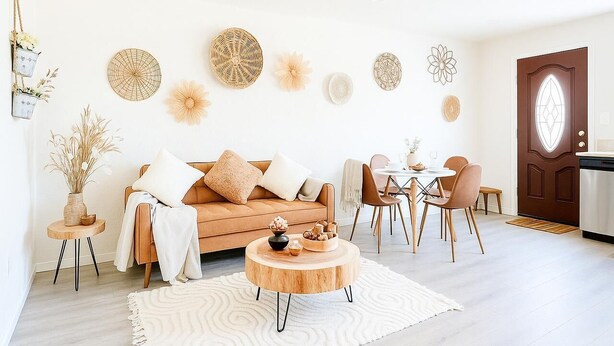 Ein modernes Wohnzimmer mit braunem Sofa, rundem Couchtisch und Essbereich mit Stühlen.