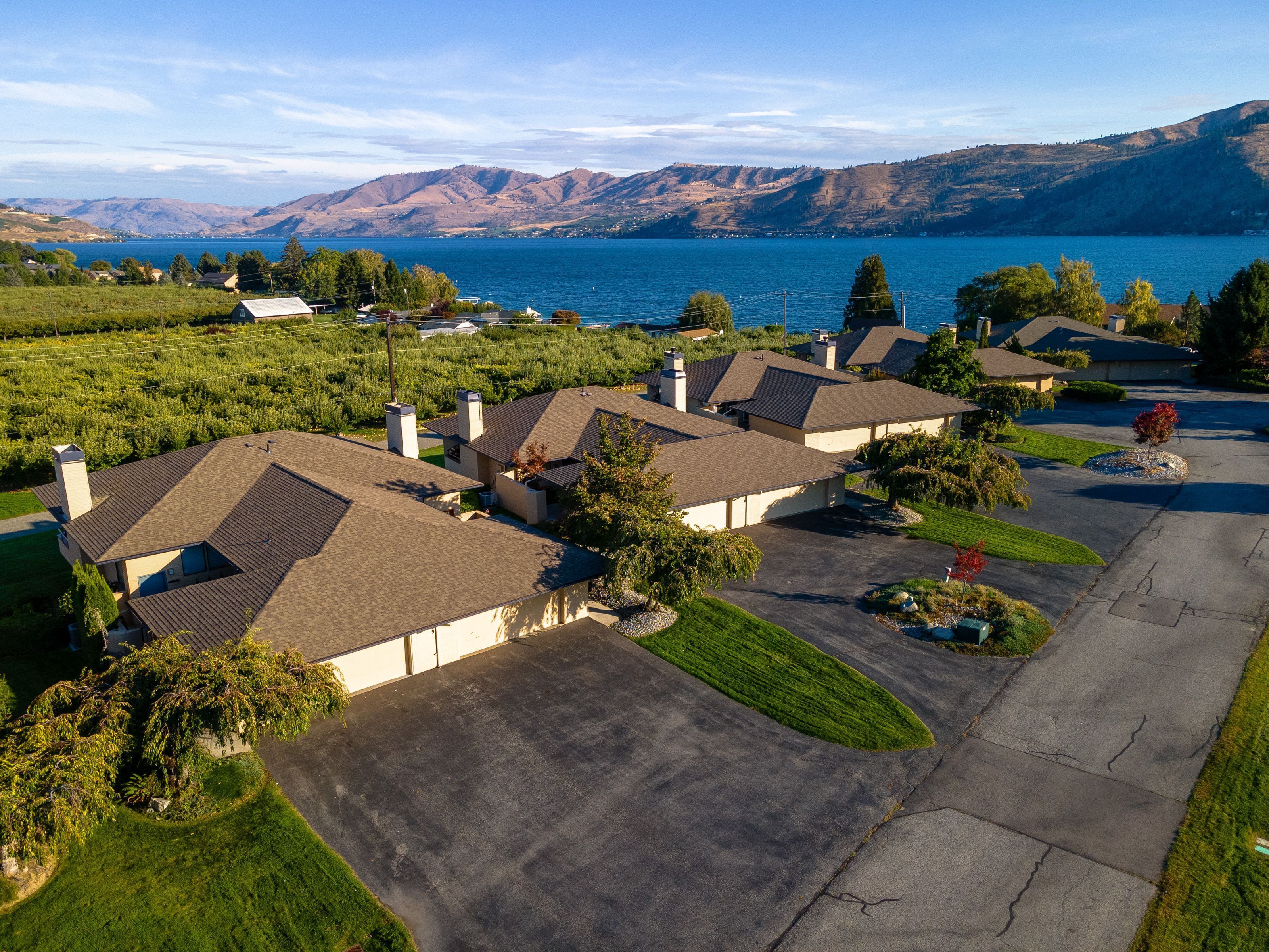 A residential area with houses, a driveway, and a lake with mountains in the background.
