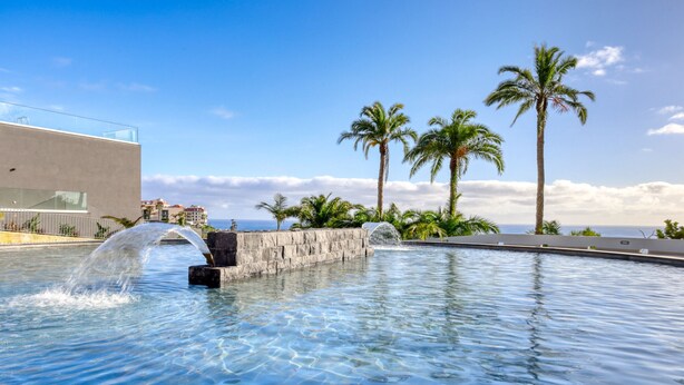 A pool with water features, palm trees, and a view of the ocean.