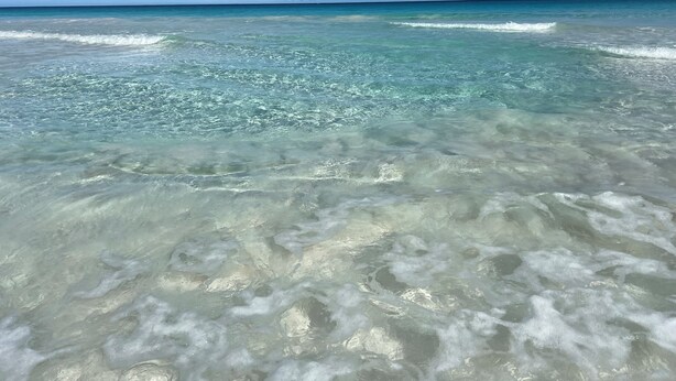 Vista despejada de una playa con aguas turquesas y olas suaves.