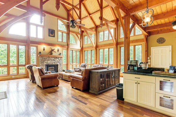 TV, fireplace, books, stereo