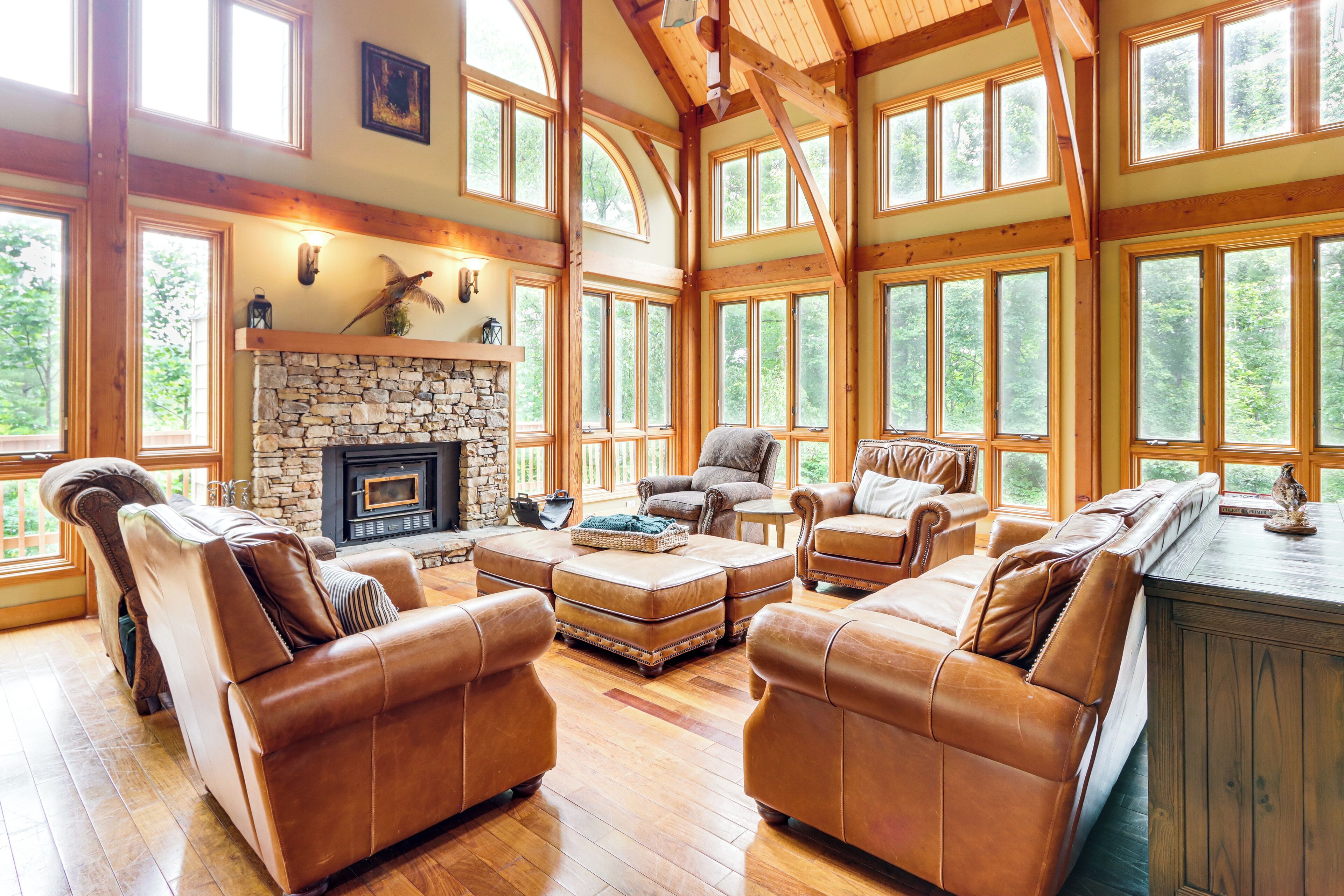 TV, fireplace, books, stereo