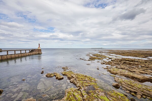 Un paisaje costero con un muelle que se adentra en aguas tranquilas, costas rocosas y un faro a lo lejos.