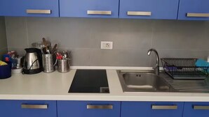 Ett modernt kök med blå skåp, en diskho i rostfritt stål och en svart induktionshäll.