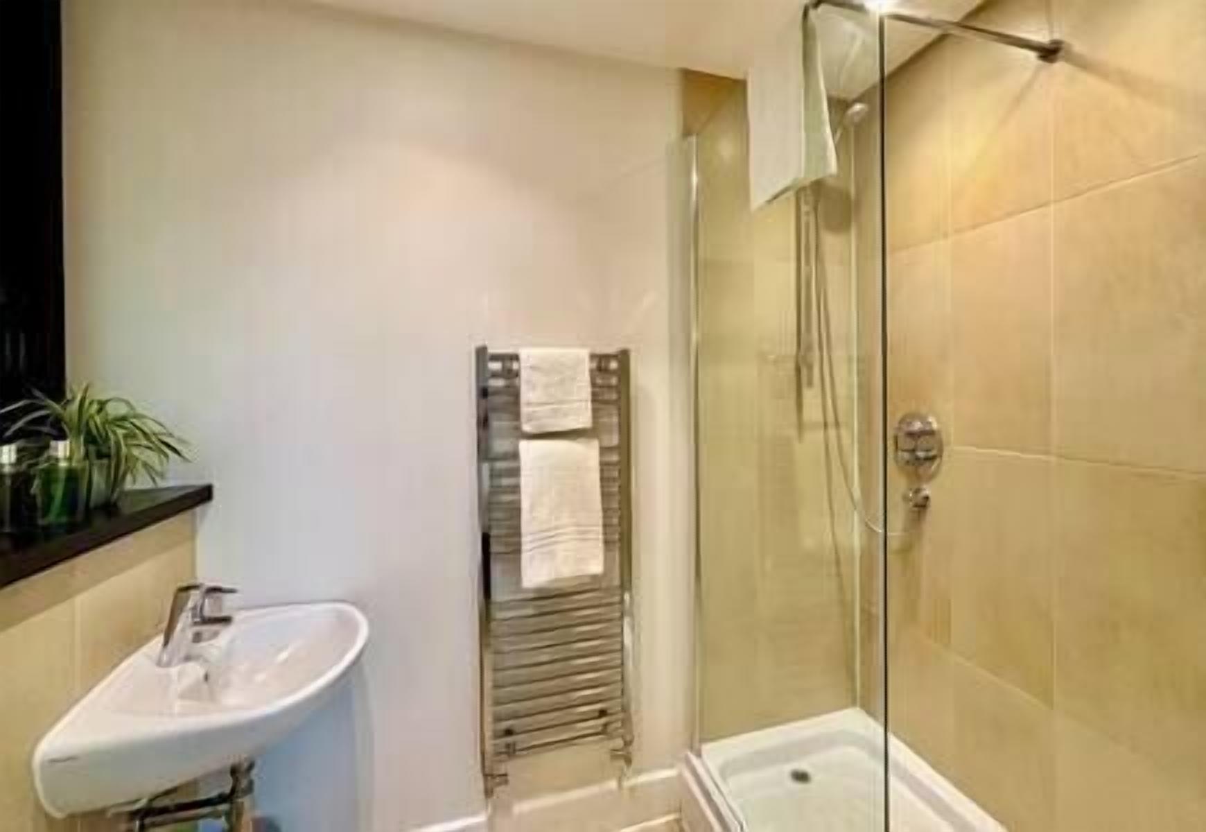 A bathroom with a glass-enclosed shower, a sink, and a towel rack.