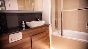 Hair dryer, towels, toilet paper