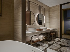 Rainfall showerhead, hair dryer, bathrobes, slippers