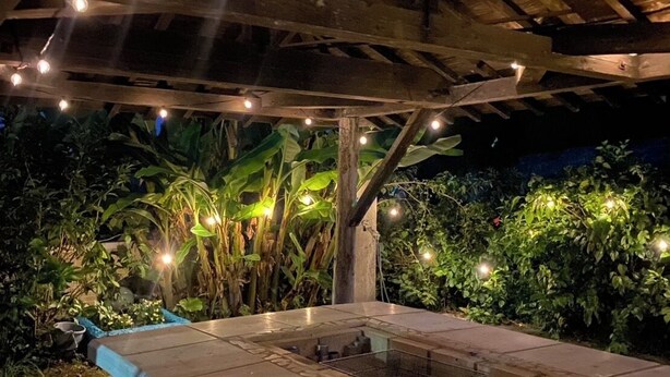 An outdoor patio with a table and chairs, surrounded by lush greenery and string lights.